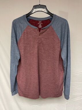 George Long Sleeve Henley Raglan Shirt - Maroon Body with Slate Blue Sleeves